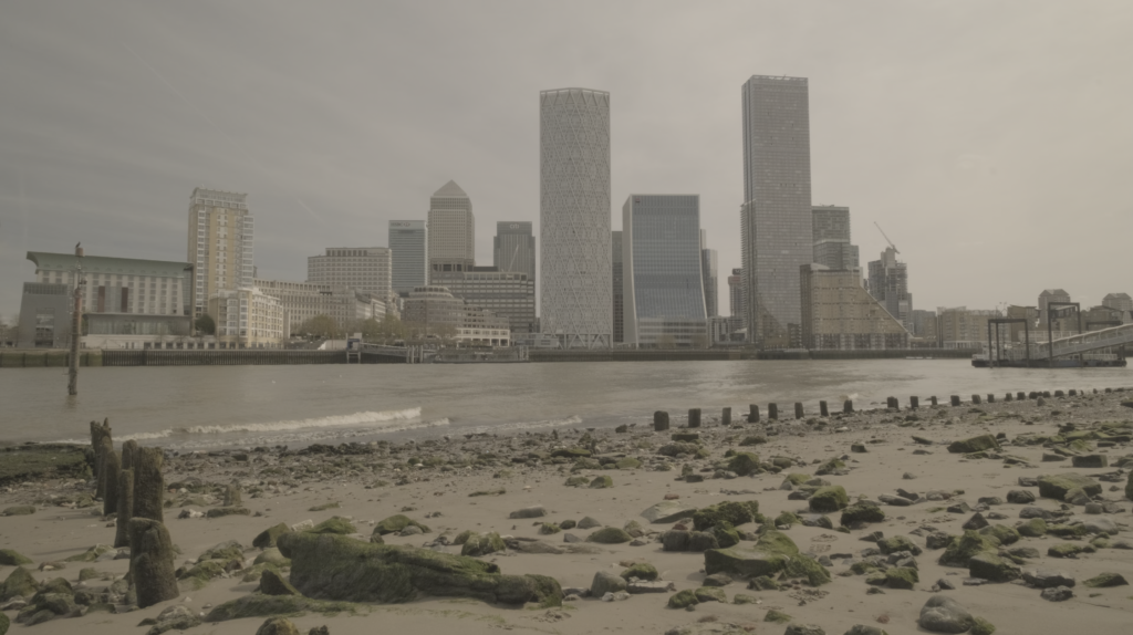 Still from video clip of Canary Wharf, London