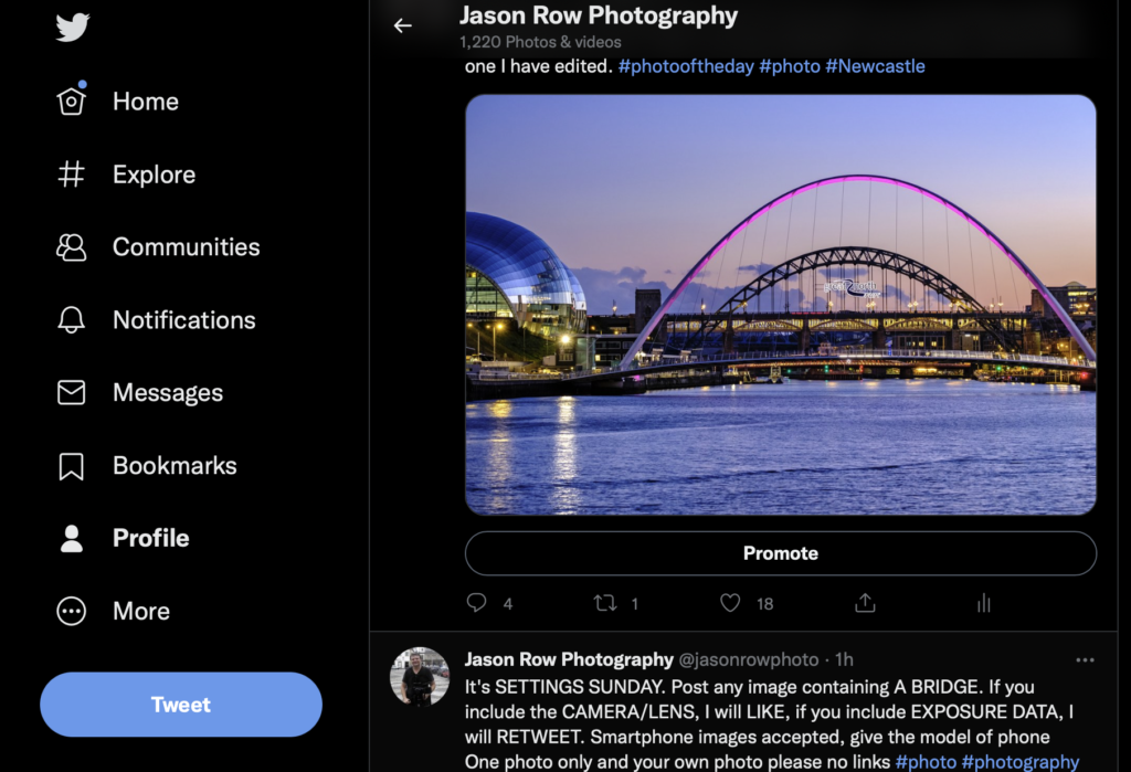 Screenshot of a photographer's Tweet