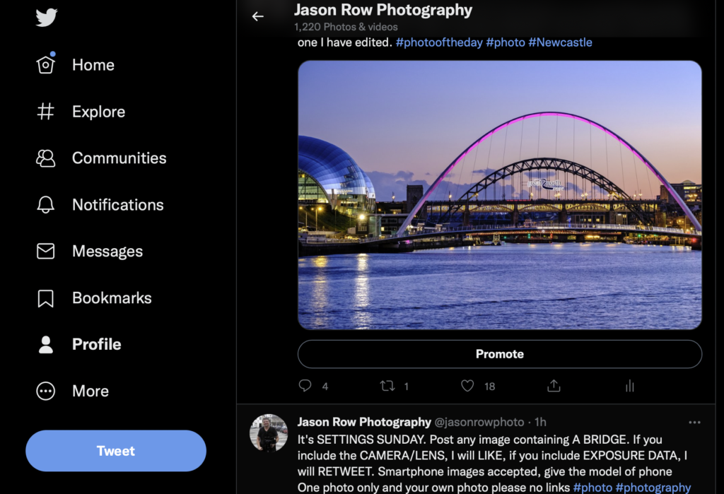 Screenshot of a photographer's Tweet 