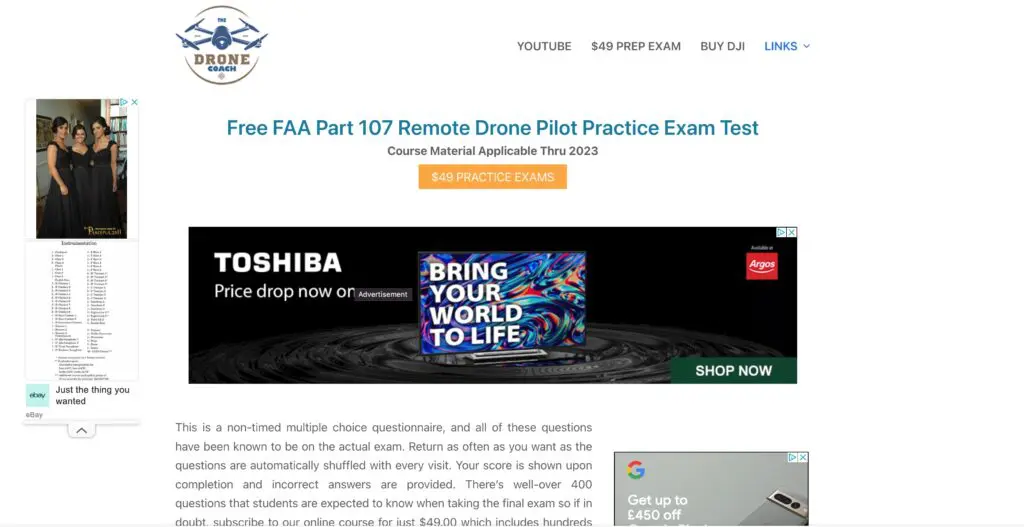 Screenshot of the Drone Coach Part 107 Test webpage