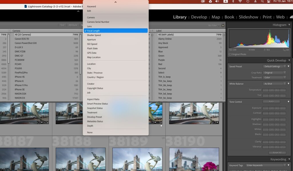 Screenshot of Adobe Lightroom's metadata filters 