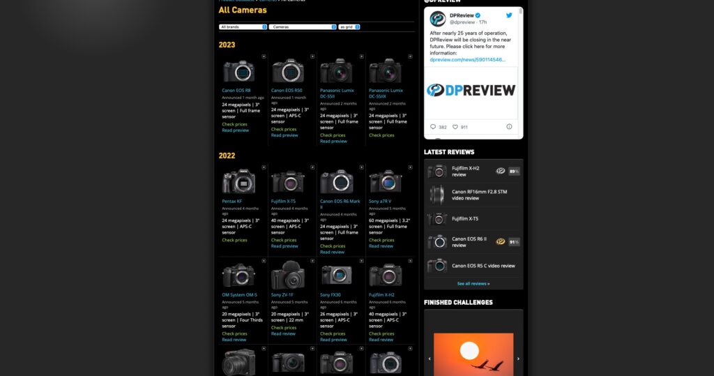 Screenshot of the photographic website DPReveiw