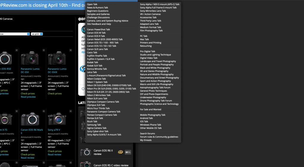 Screenshot of the photographic website DPReveiw