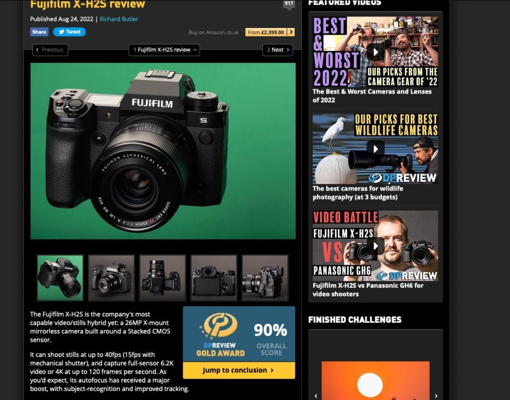 Screenshot of the photographic website DPReveiw 