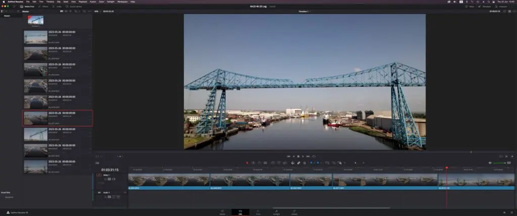 Davinci Resolve video editor on a ultra-wide monitor. 