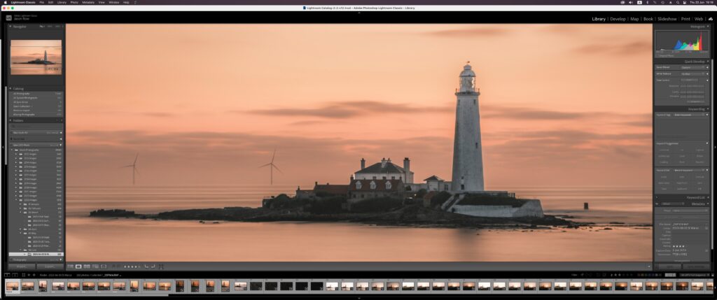 Screenshot of a lighthouse being edited in Lightroom