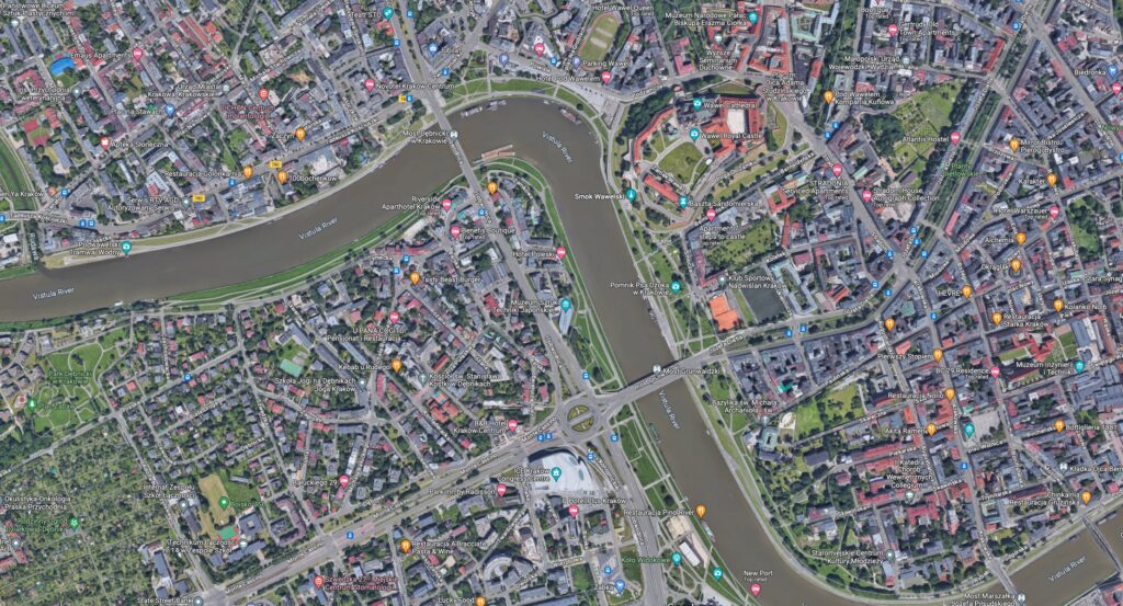Screenshot of Google Earth map of Krakow