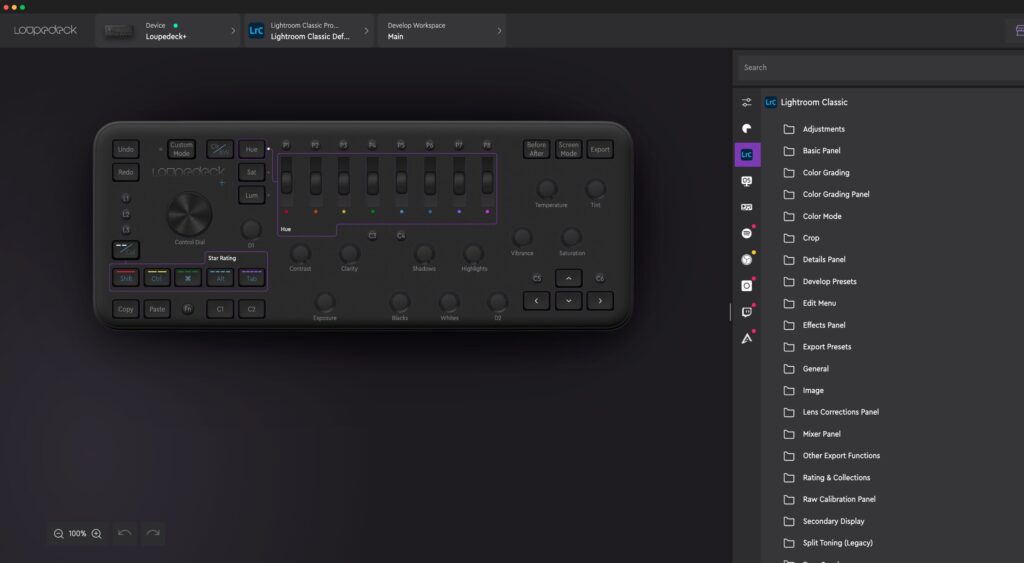 Screenshot of the Loupedeck editing keyboard interface