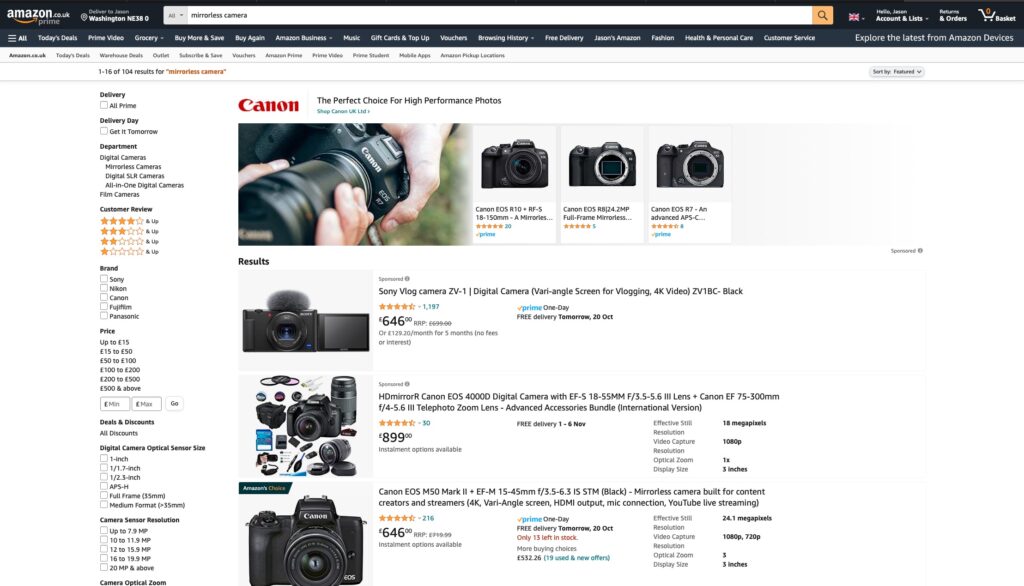 Screenshot of cameras for salke on Amazon. 