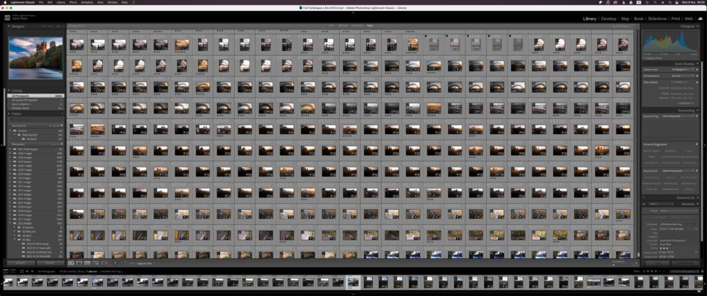 Lightroom catalogue showing hundreds of images