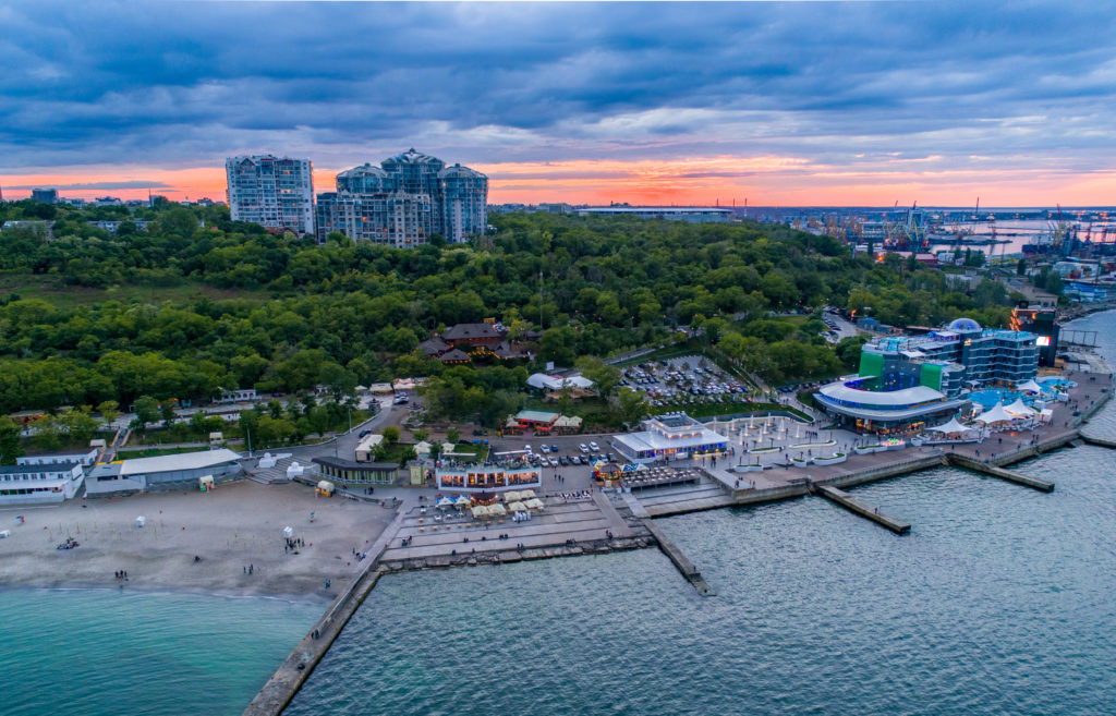 Aerial drone image of Langeron Beach and Shevchenka Park in Odessa Ukraine