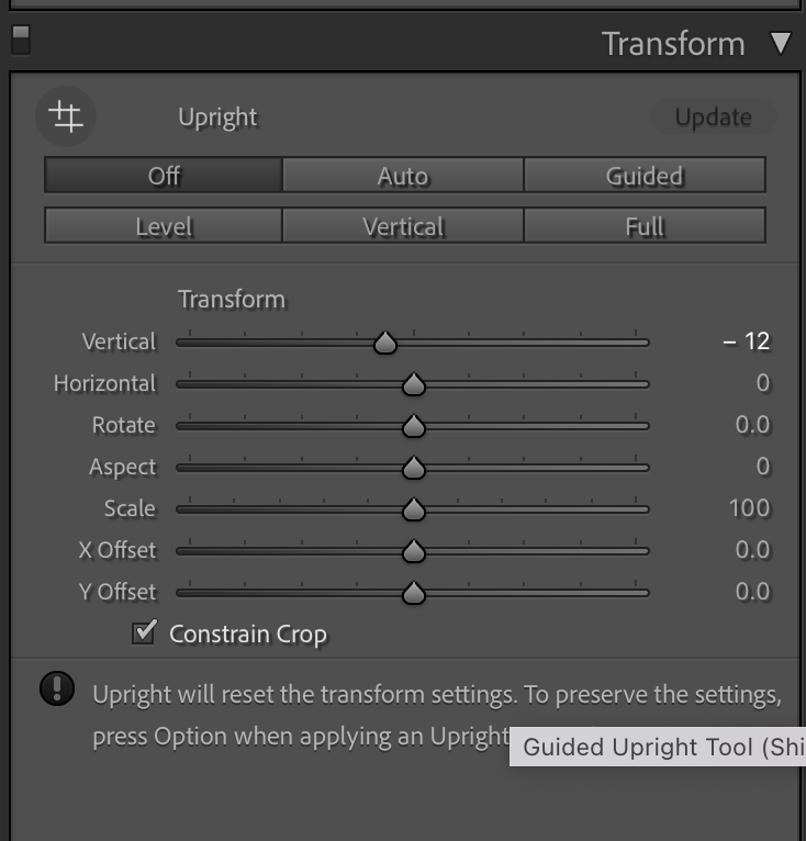Transform panel in Adobe Lightroom