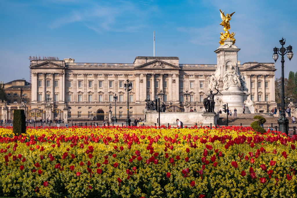 Flowers in front of Buckingham Palace on a spring day