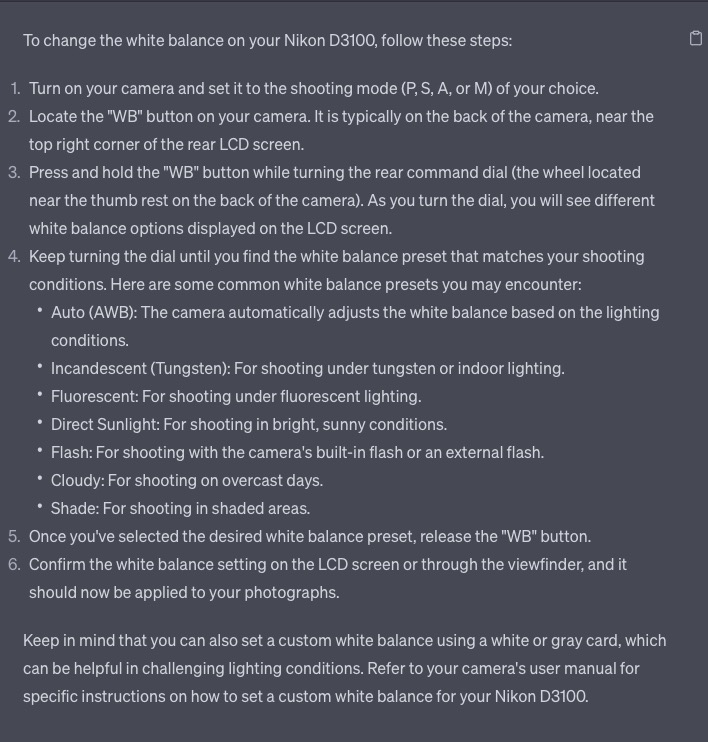 AI Chat explains how to set the white balance on a camera.