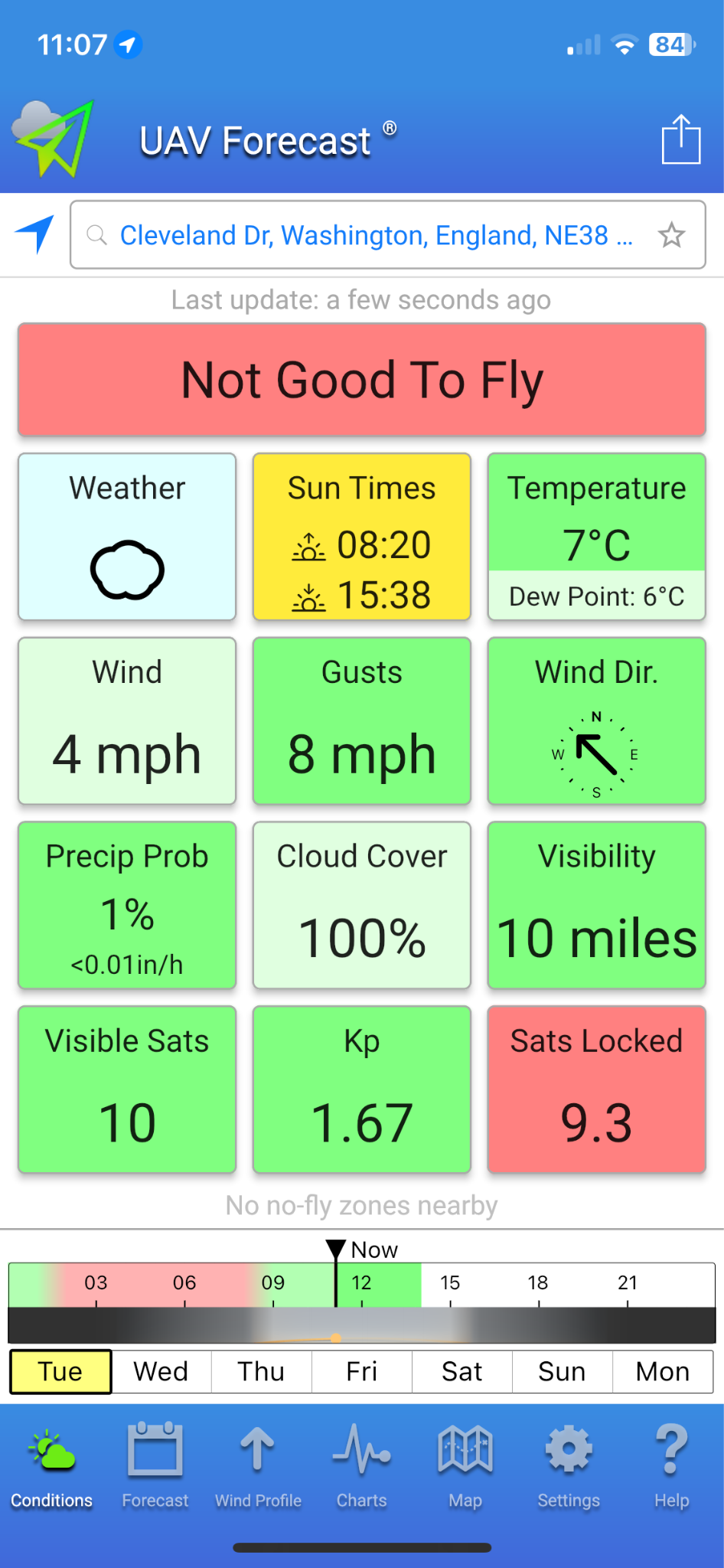 A drone weather forecast app showing that it is not safe to fly