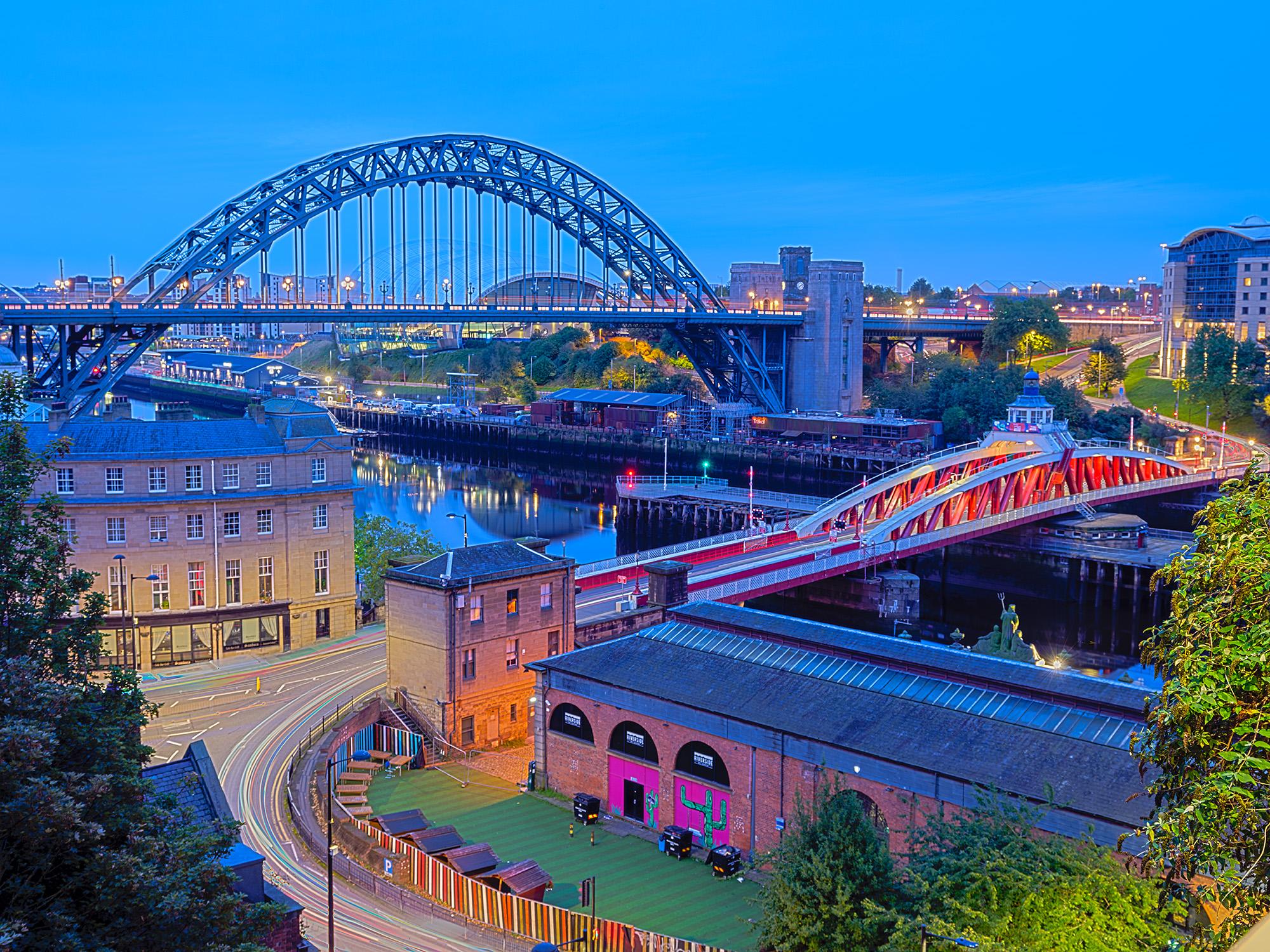 A garish, HDR image of the Tyne Bridges in Newcastle
