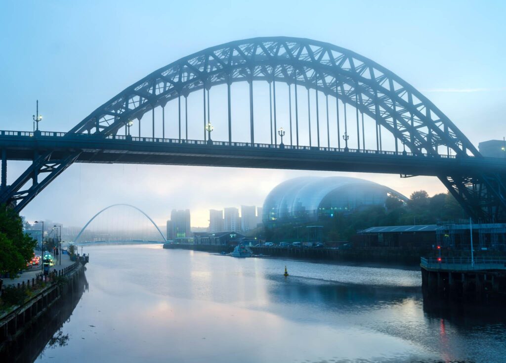 A misty cold scene of the Tyne Bridges in Newcastle