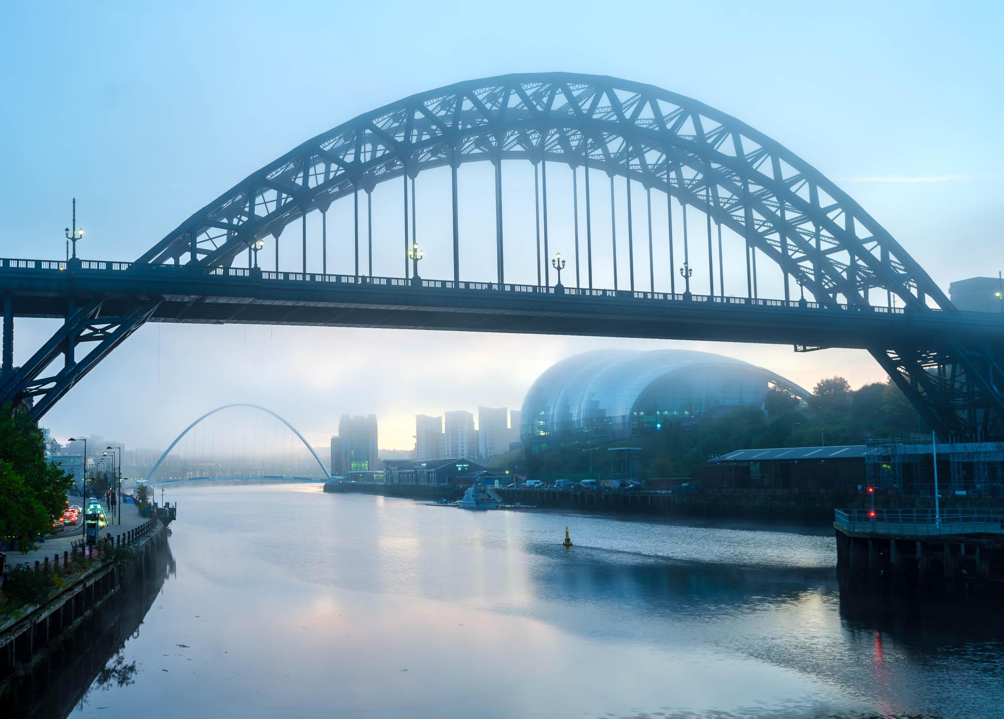 A misty cold scene of the Tyne Bridges in Newcastle