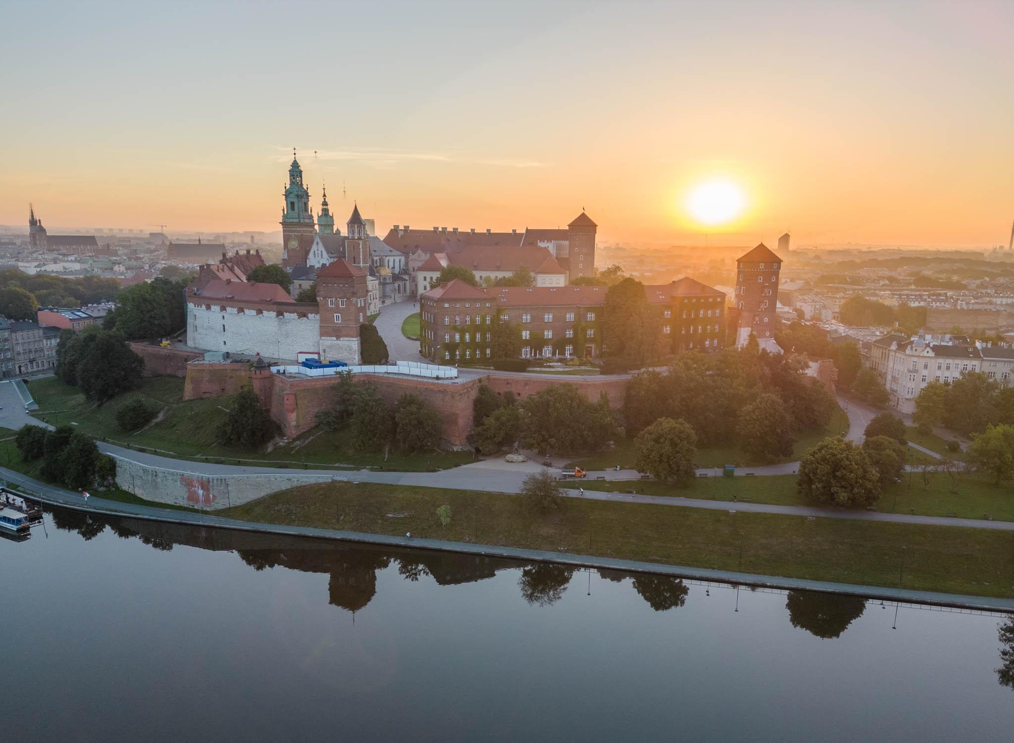 Aerial image of Krakow castle at dawn in August 