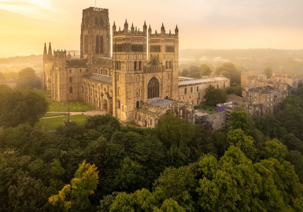 Aerial photo of Durham Cathedral shot by drone at dawn