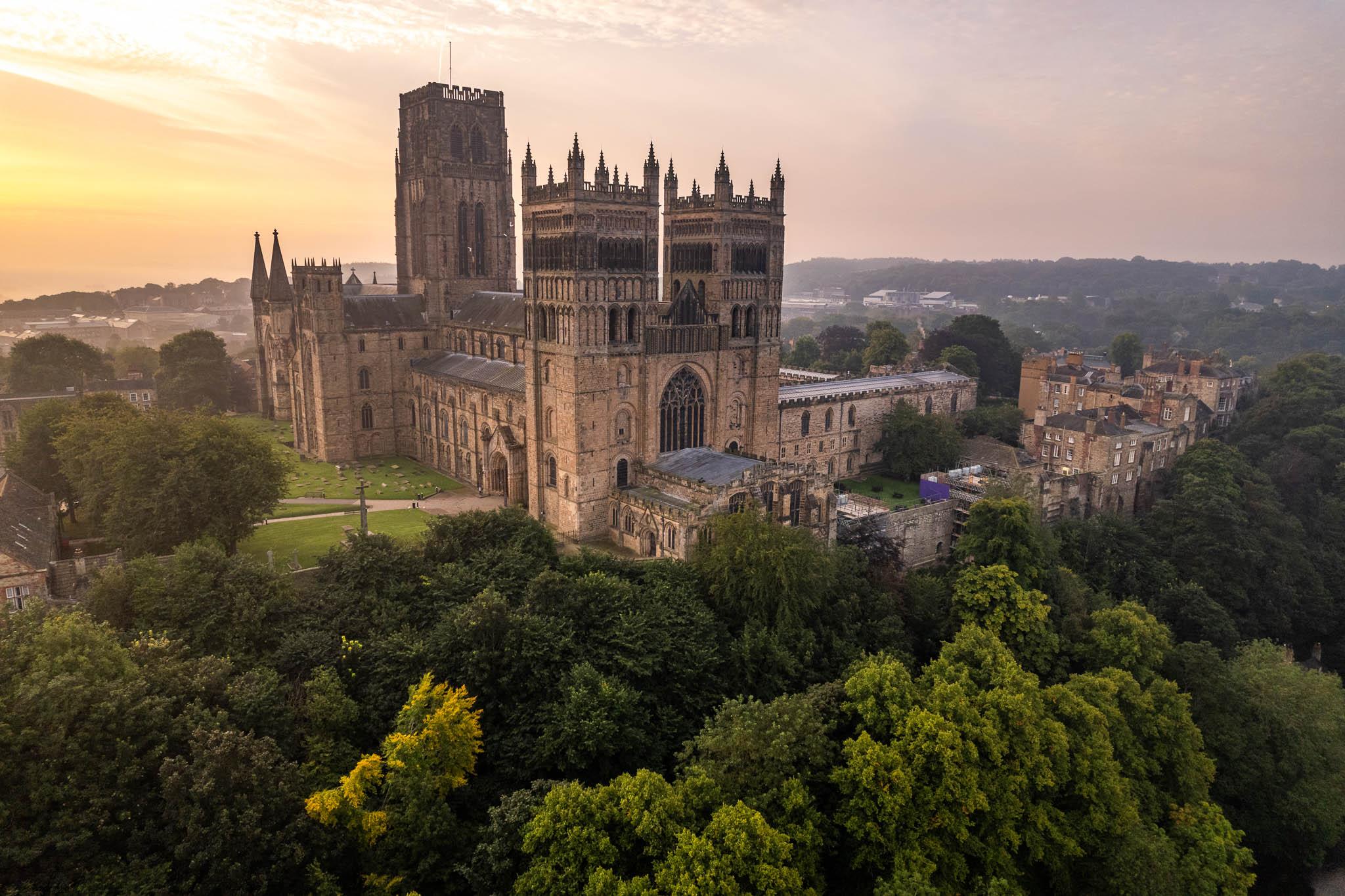 Aerial photo of Durham Cathedral shot by drone at dawn 