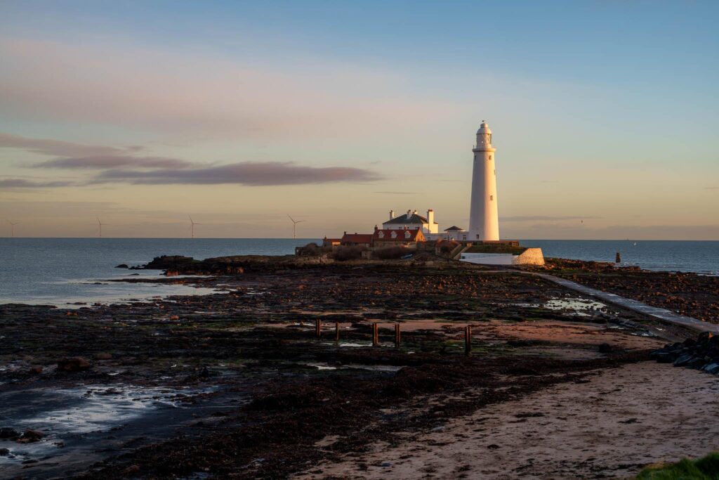 An edited image of the St Mary's Lighthouse shot on a Sony a7Rv with a 50 year old Minolta lens