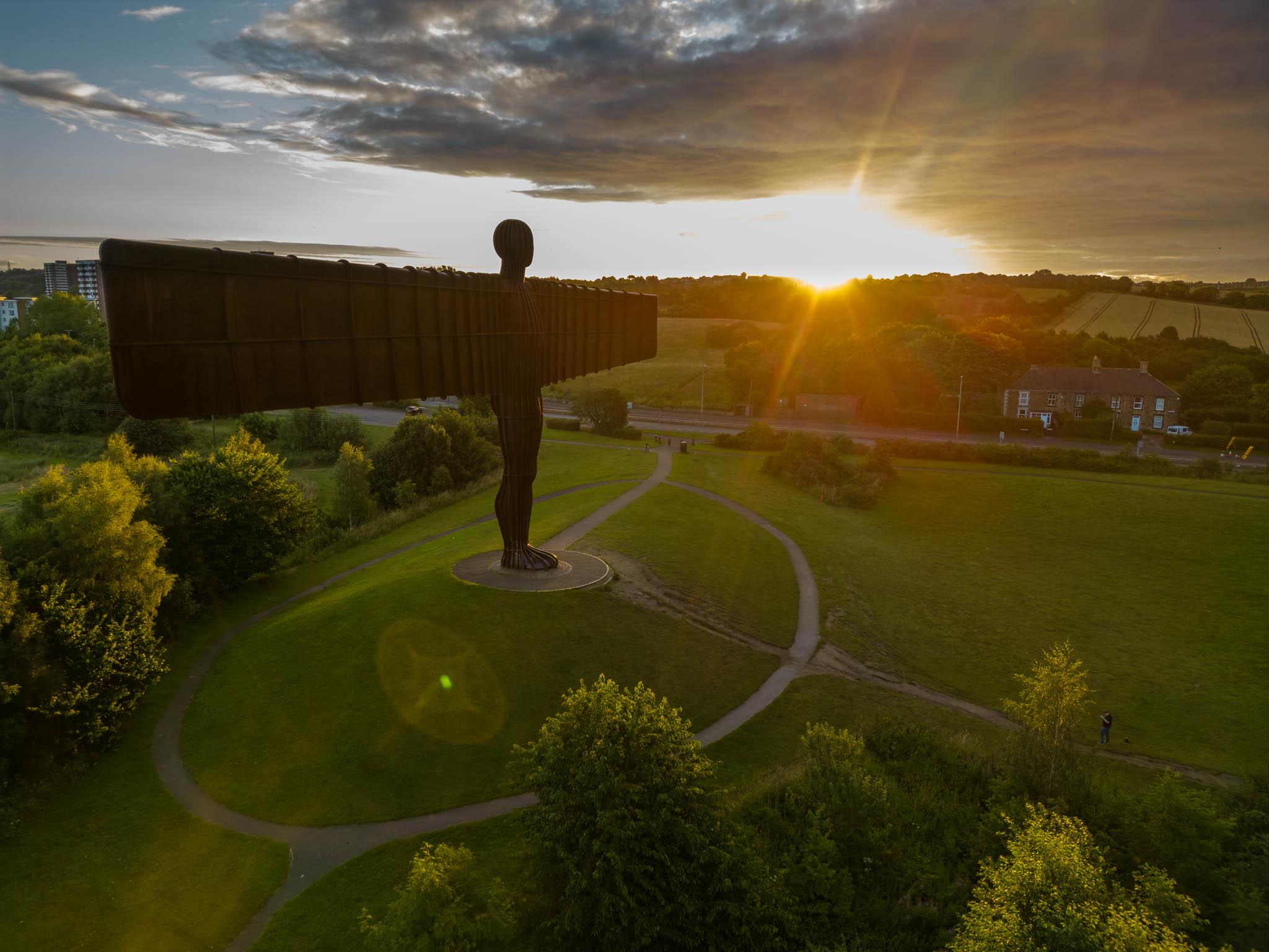 Angel of the North in England at sunrise, shot from a drone