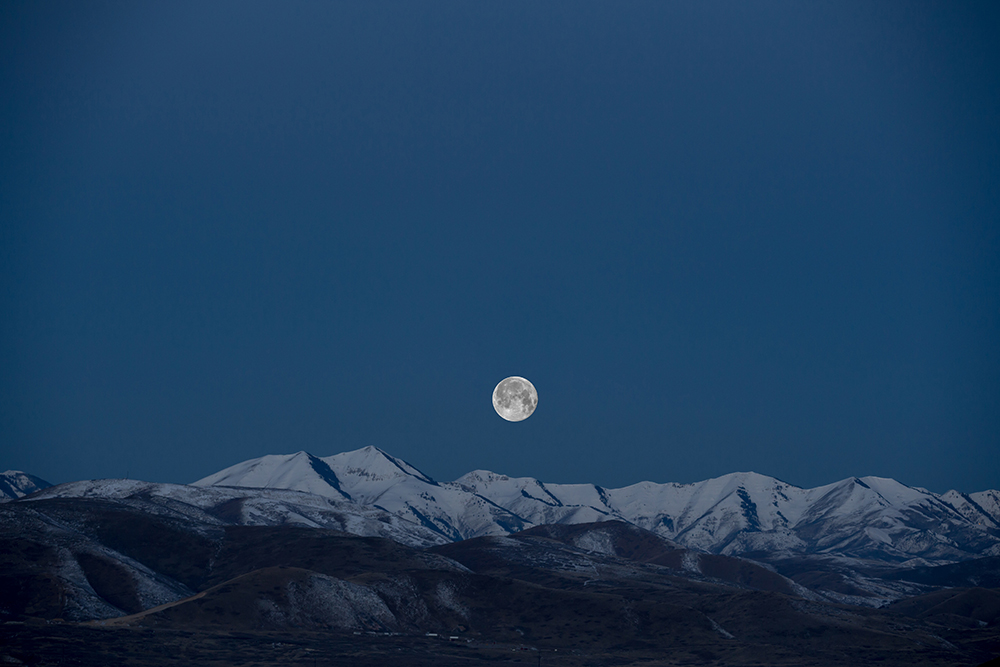 moon, night sky, snow capped mountains