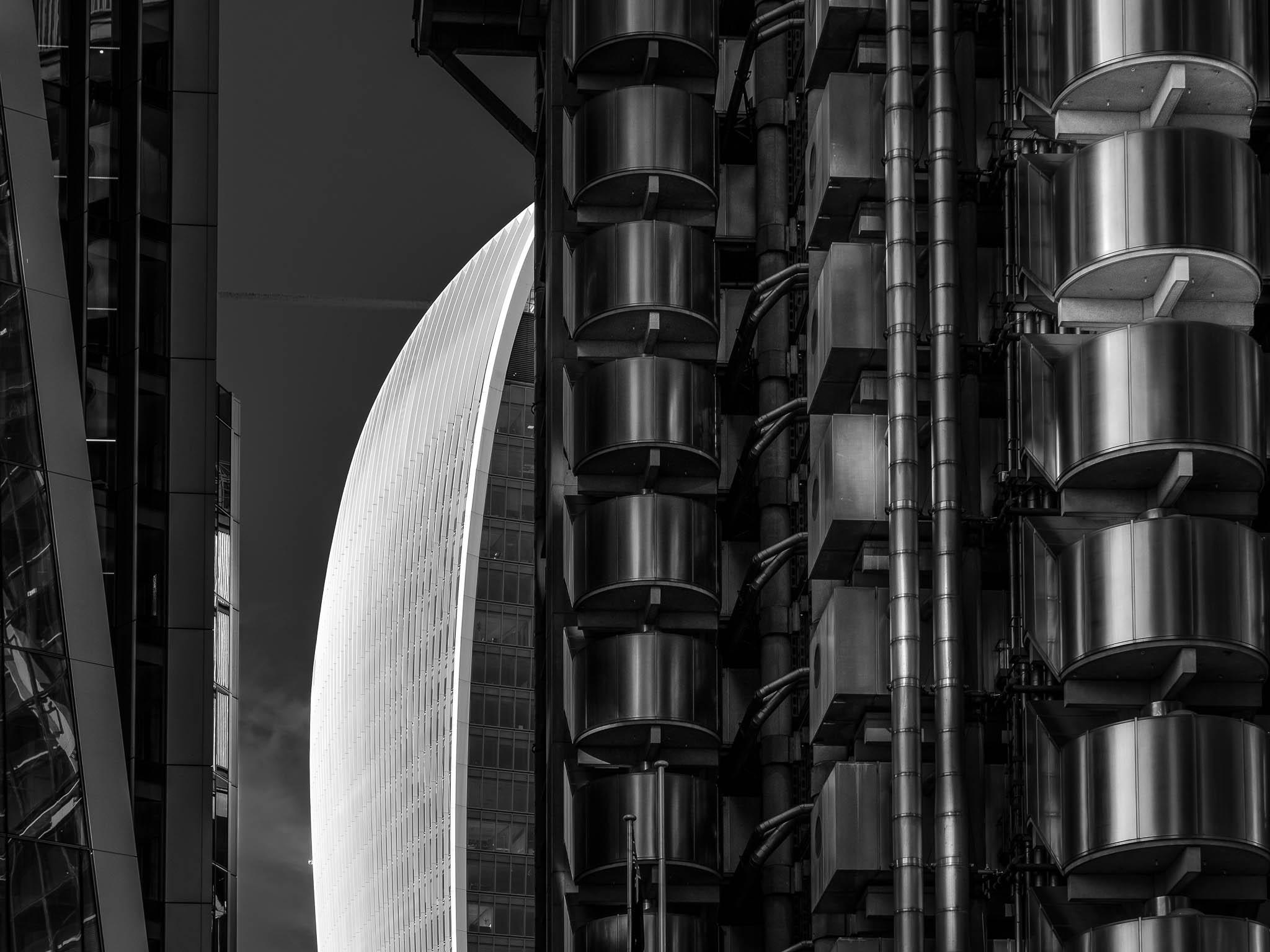 Black and white architectural style shot of Lloyds Building in London
