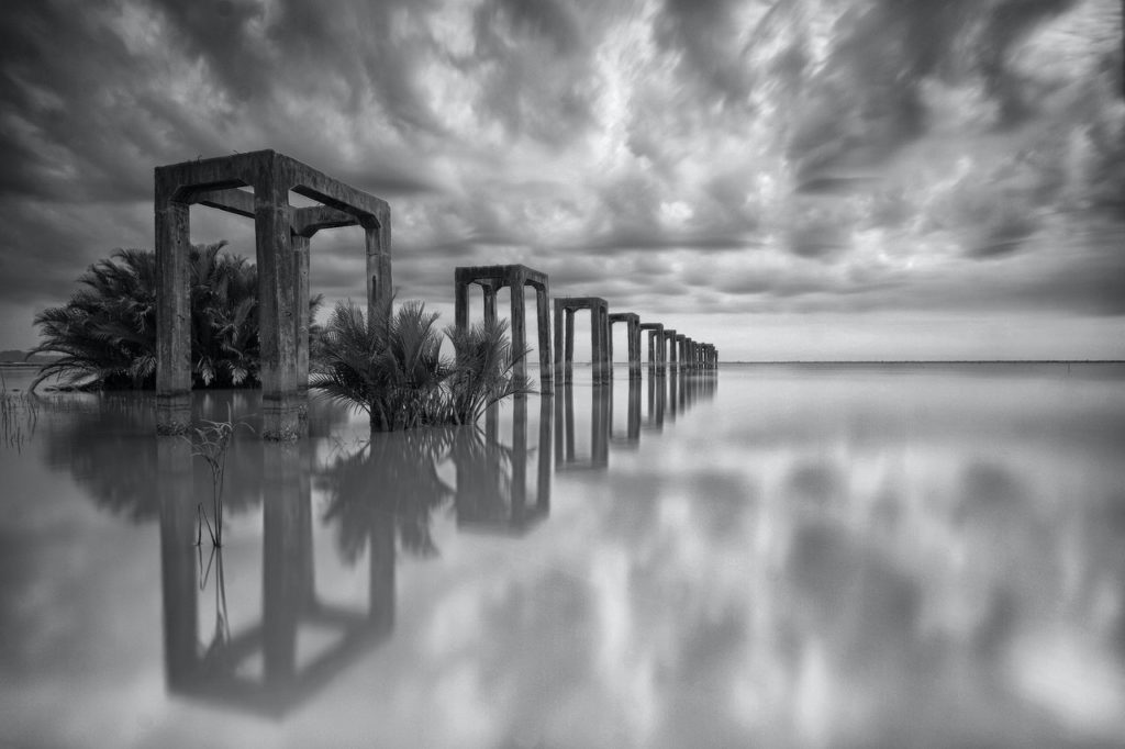 black and white bridge clouds nature