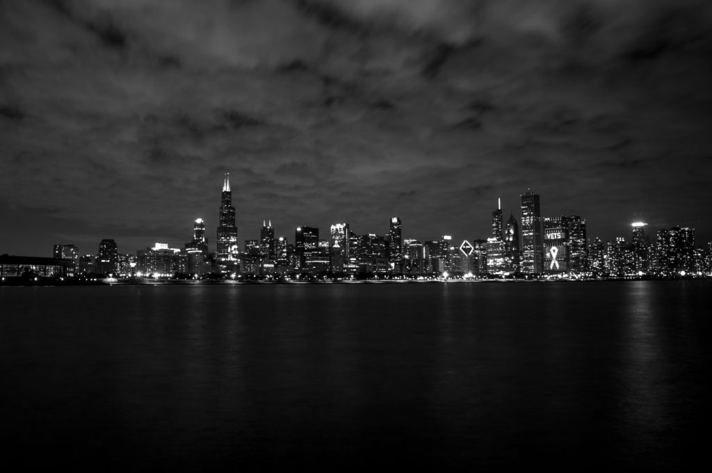 River with city skyline in black and white 