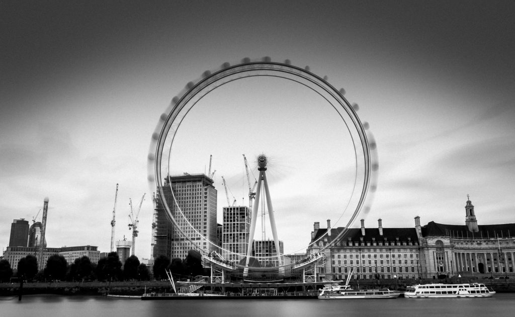 River with city skyline in black and white