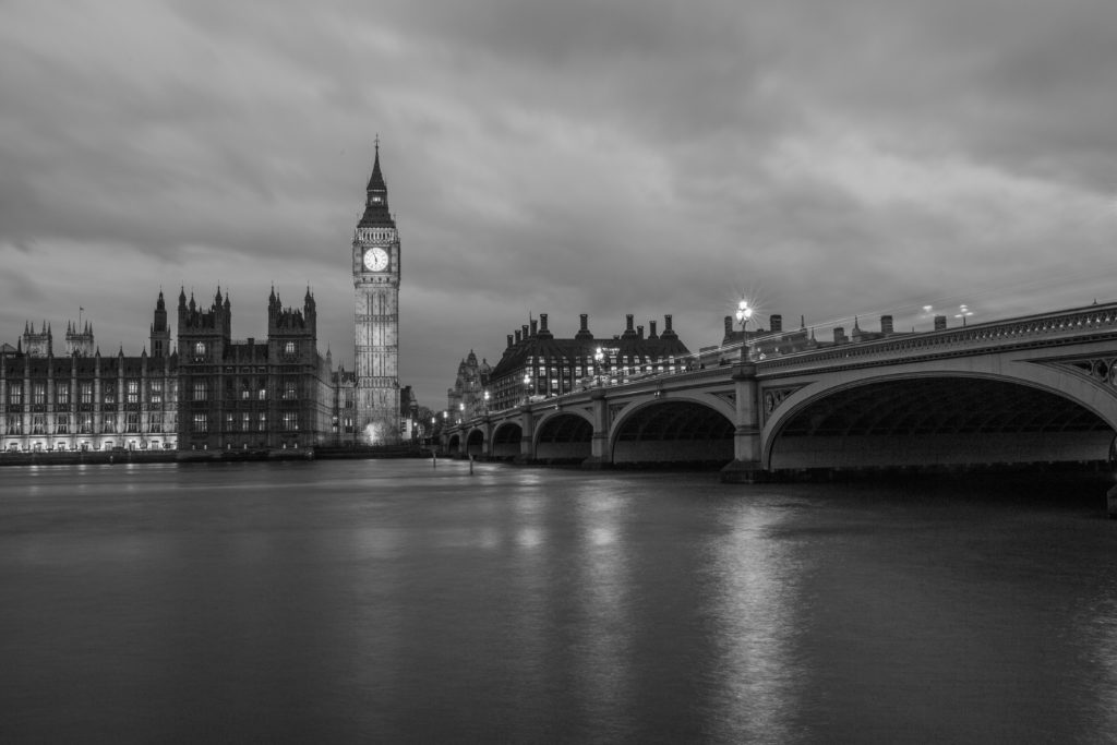 River with bridge and big ben in black and white 