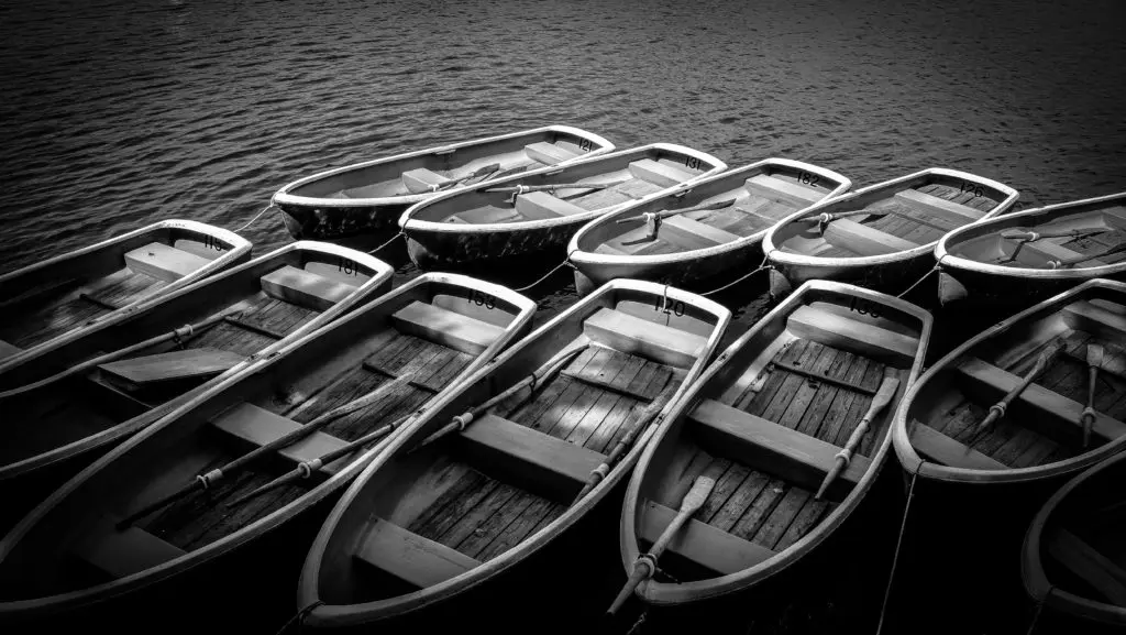 River with boats in black and white 