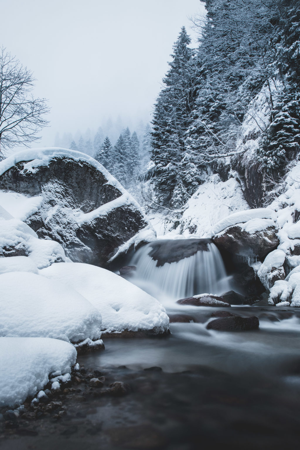 River with snow in black and white 