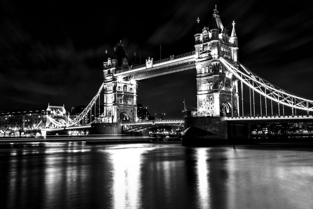 River and london tower bridge in black and white