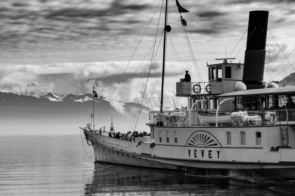 River and boat in black and white 