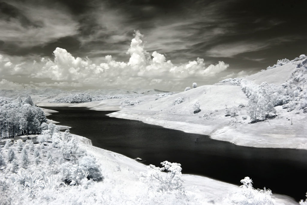 River and snow in black and white
