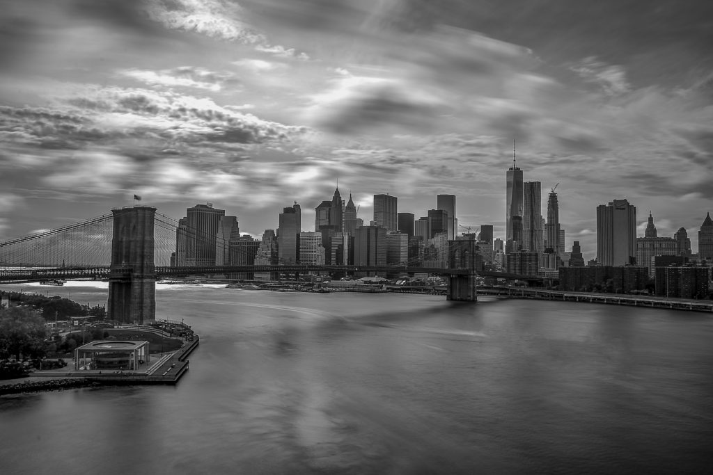 River and city in black and white 
