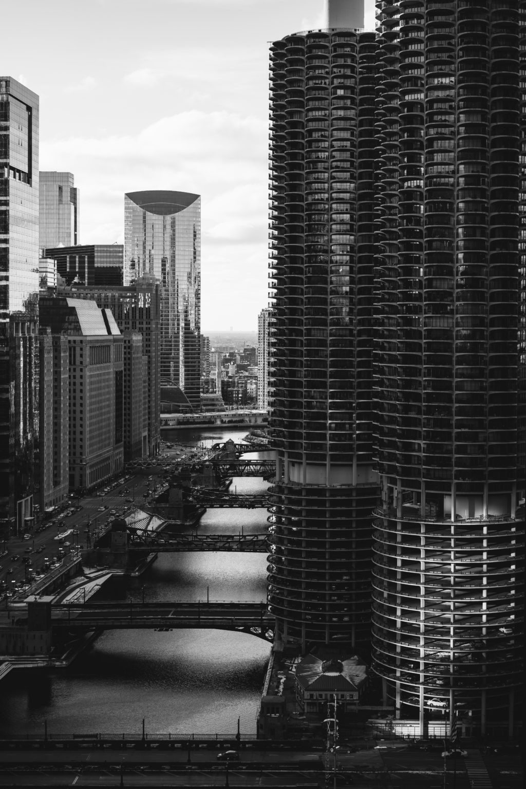 River and buildings in black and white