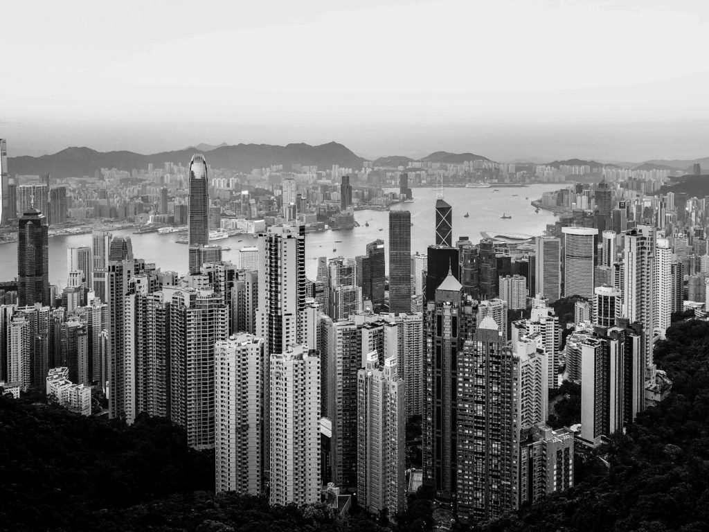 River and city skyline in black and white