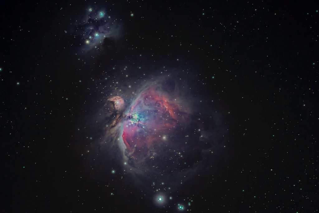 Photo of the Orion Nebula, composed of 60 images at 60 seconds each. Stacked to reduce noise and bring out the details