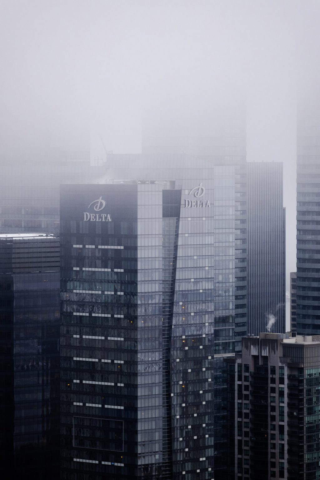 a city skyline with tall buildings