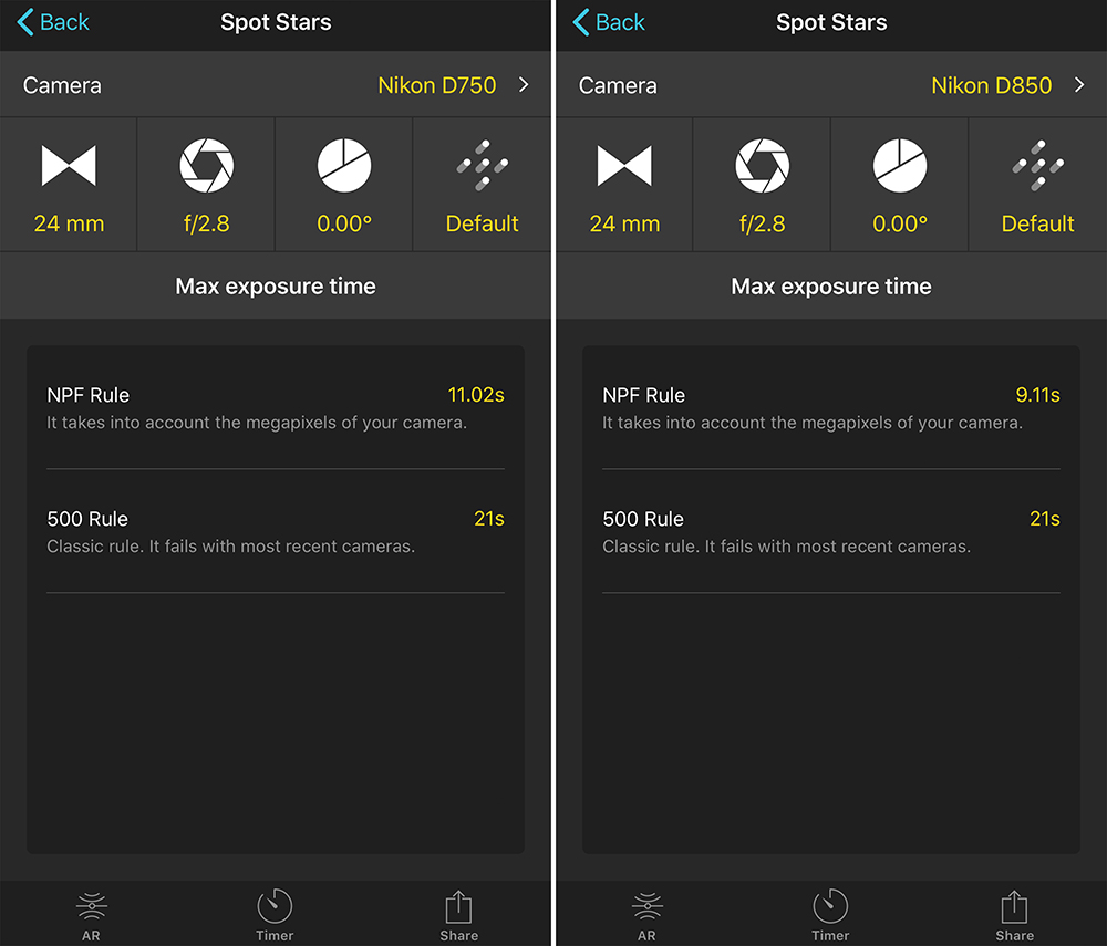 Screenshot from PhotoPills App that shows shutter speed values for NPF rule and 500 rule.