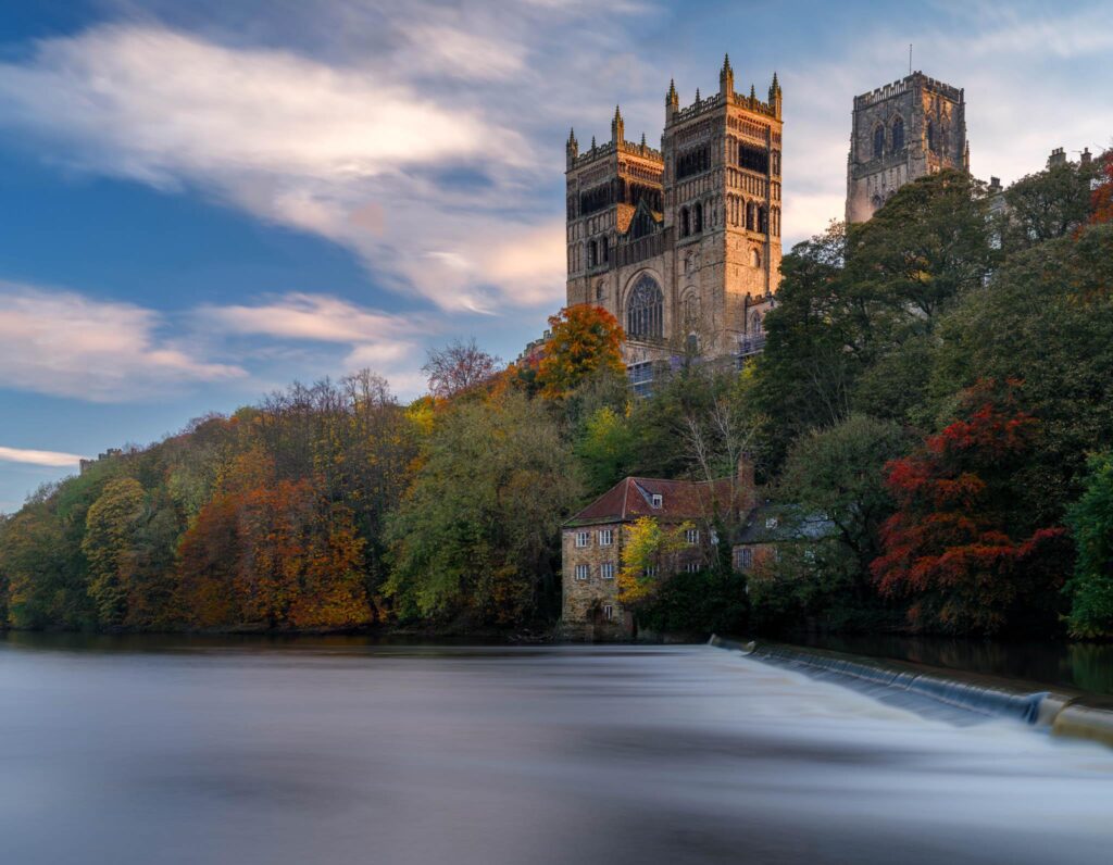 Classic view of Durham Cathedral in England from across the weir on the River Wear