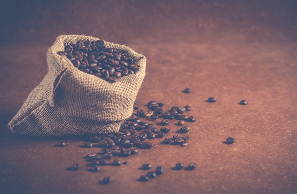 coffee beans on gray sack