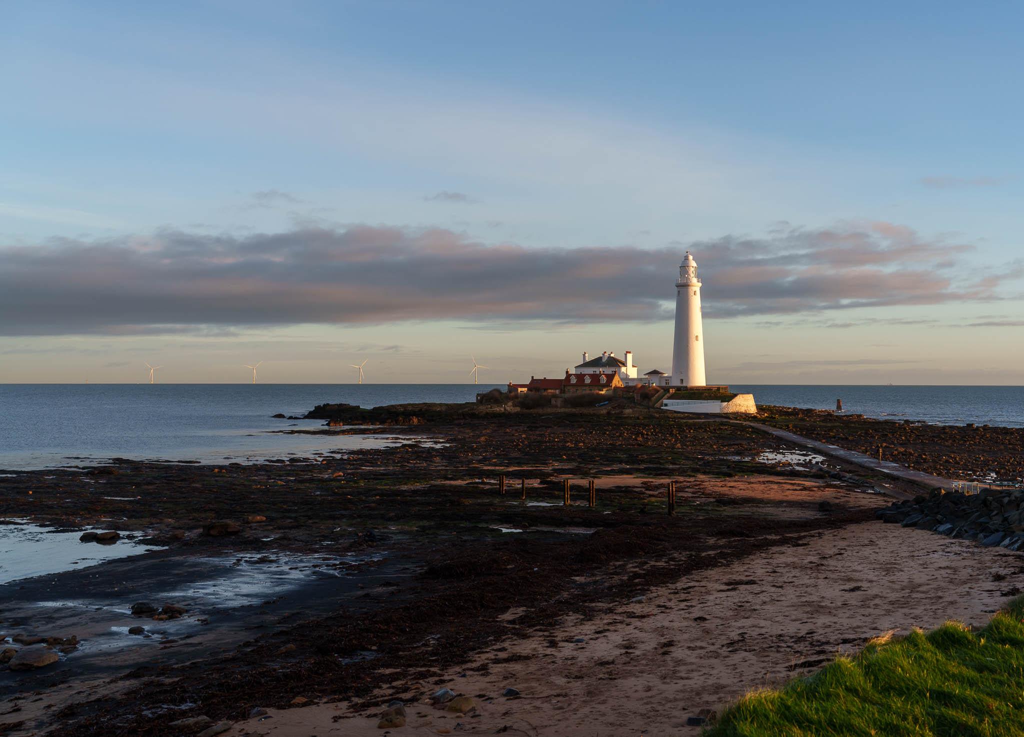 Dawn at St Mary's Lighthouse in NE England shot on a 50 year old film lens