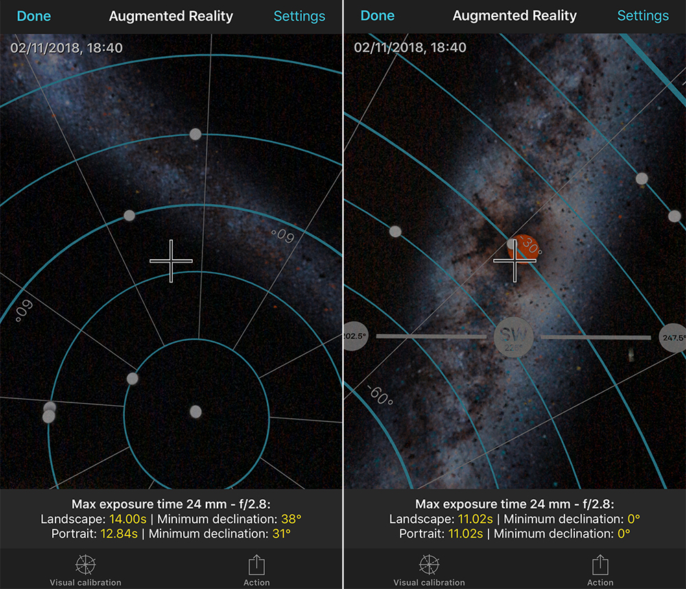 Screenshot from PhotoPills App - You can see in the screenshots that as I point towards different directions, the declination changes, thereby changing the shutter speed.