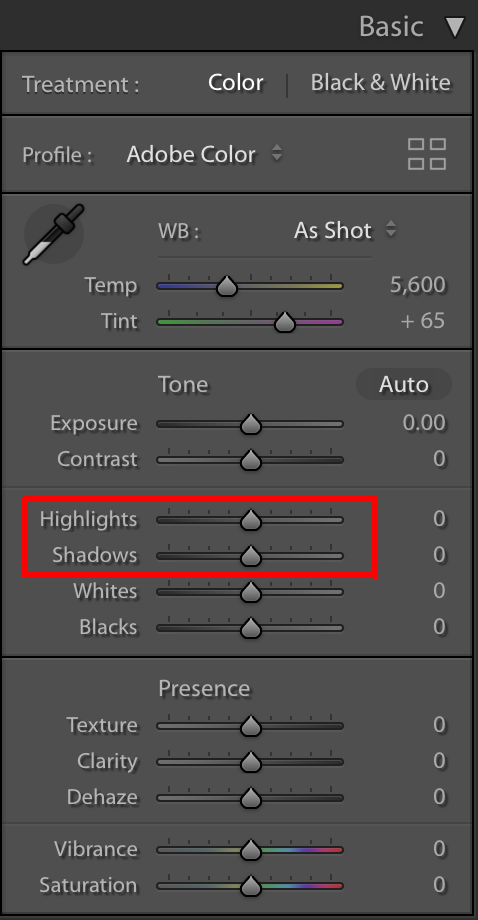 decrease highlights and increase shadows