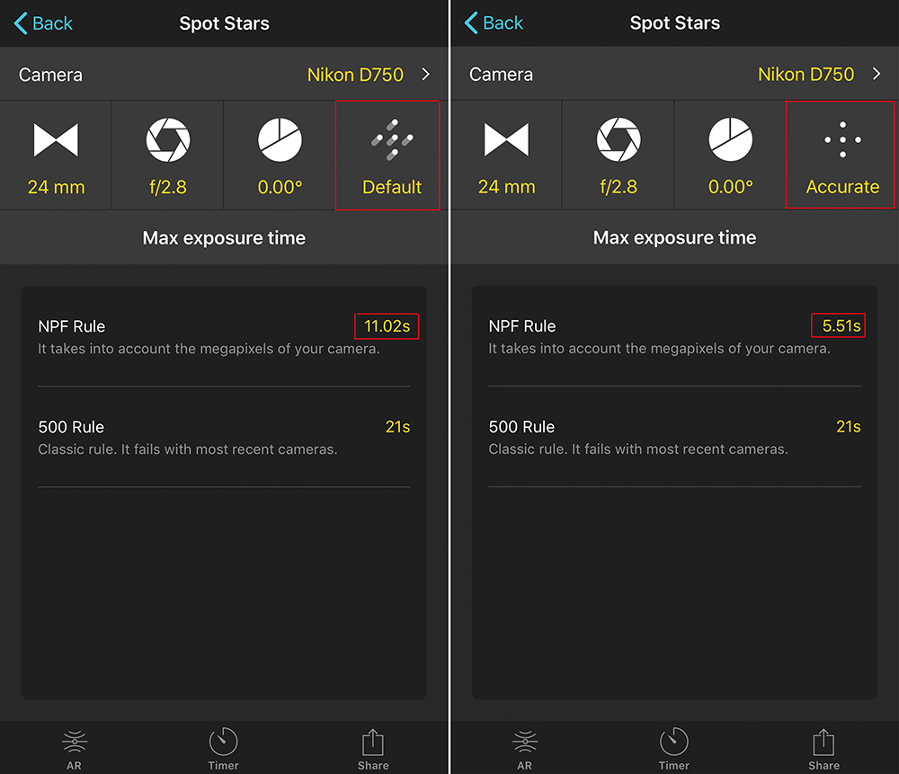 You can see that when you choose default, the shutter speed is 11.02s for the NPF rule and when you choose accurate, the shutter speed has reduced by half to 5.51s